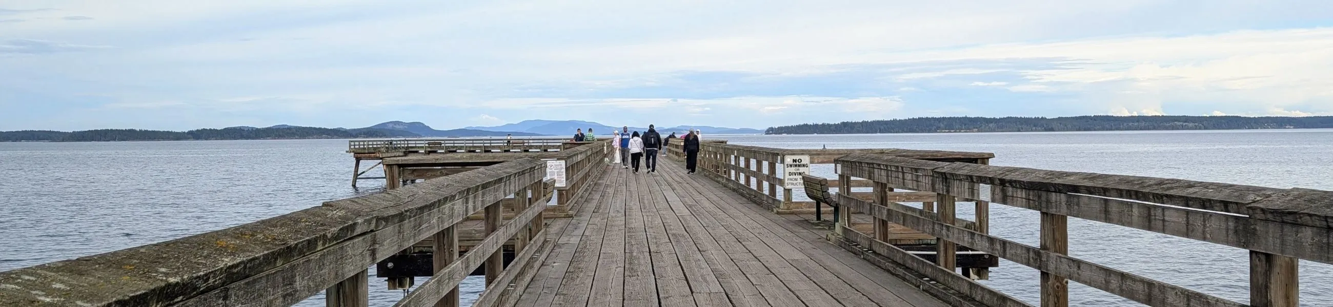 Weathered wooden boardwalk on the Sidney waterfront, leading toward the water